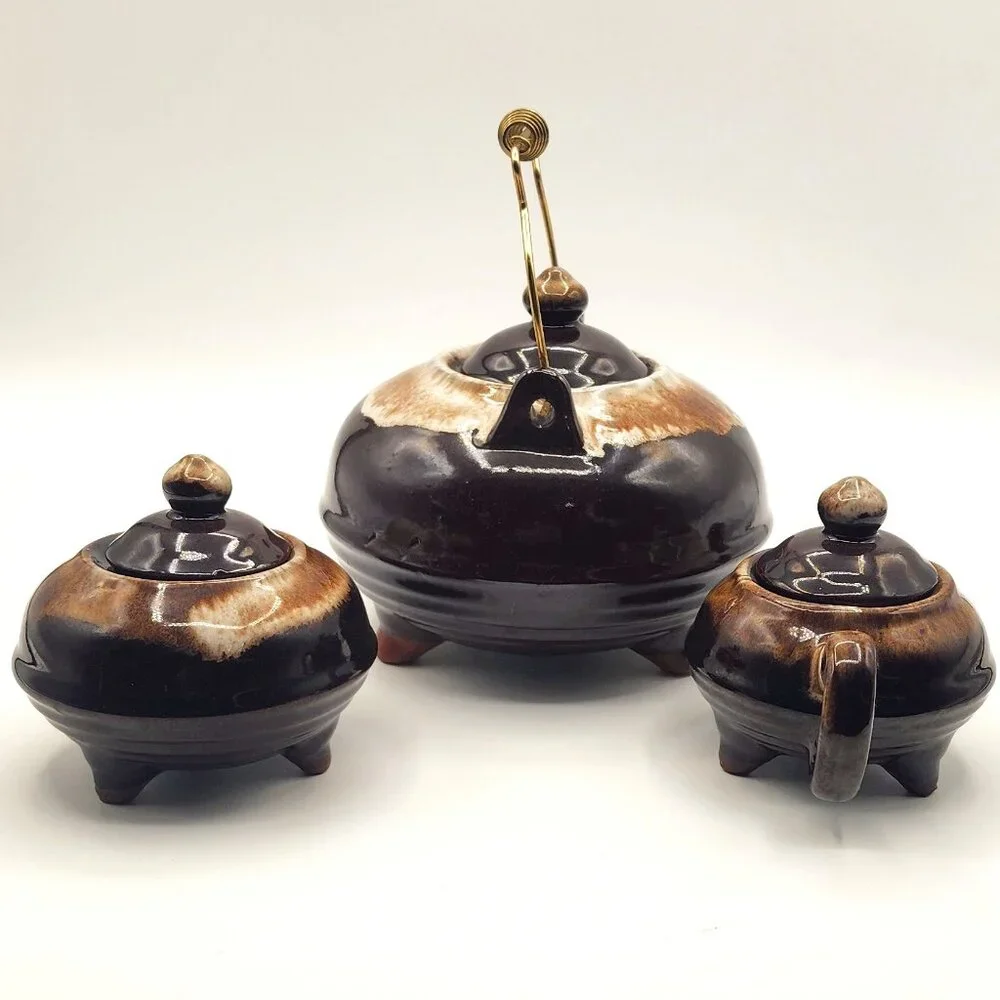 Vintage Redware Drip Glaze Teapot Creamer Sugar Set Wire Handle Ceramic Japan